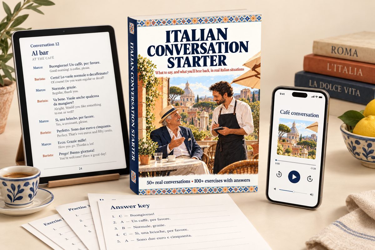 Italian Conversation Starter book with the companion reader, café audio and practice sheets